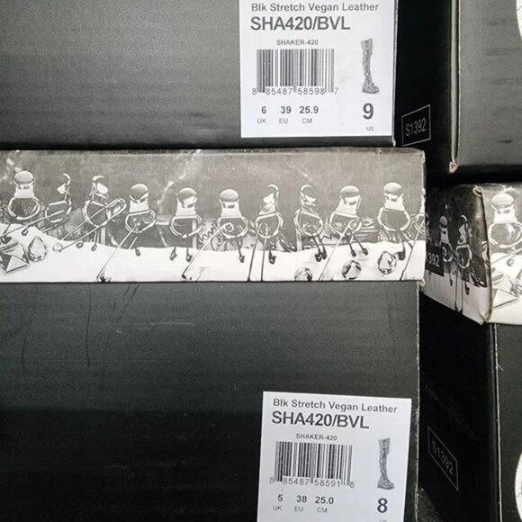 Shaker 420 Black sTRETCH 4.5" Wedge Heel OTK Thigh Boots Skulls Zippers NY DEMON - Picture 15 of 16